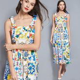 Summer Dress WomenBow Spaghetti Strap Gorgeous Floral Print Midi Cotton Dress